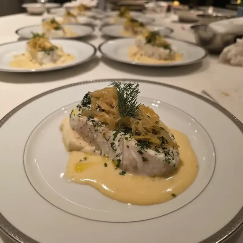 Pan-seared halibut with lemon cream sauce and caramelized onions